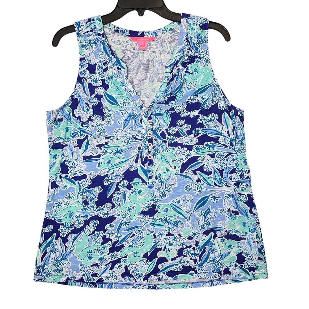 Lilly Pulitzer Cotton Tank Top Blue Green Floral Smocked V-Neck Medium Blouse